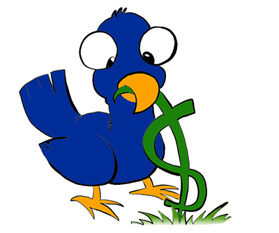 A cartoon illustration of a bird pulling a worm out of the ground, with the worm in the shape of the United States Dollar currency symbol