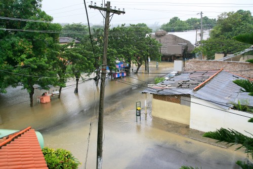 A flooded city block