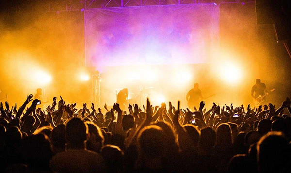 A concert with colorful stage lighting