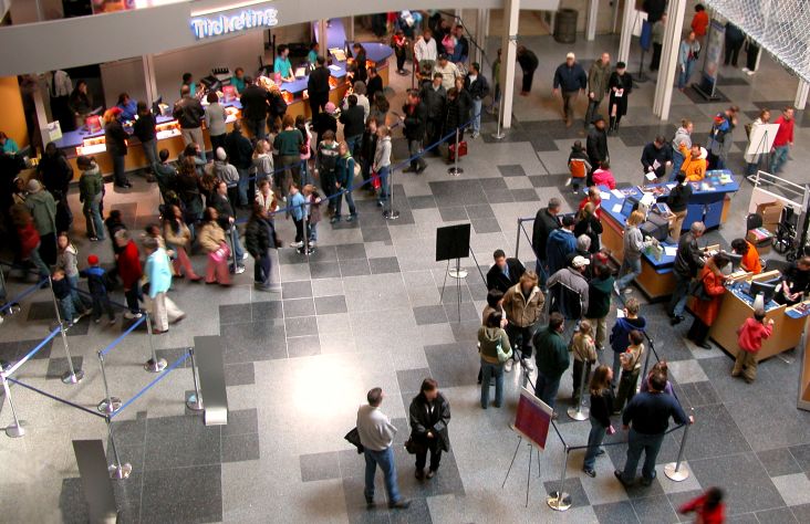 An event center registration lobby.