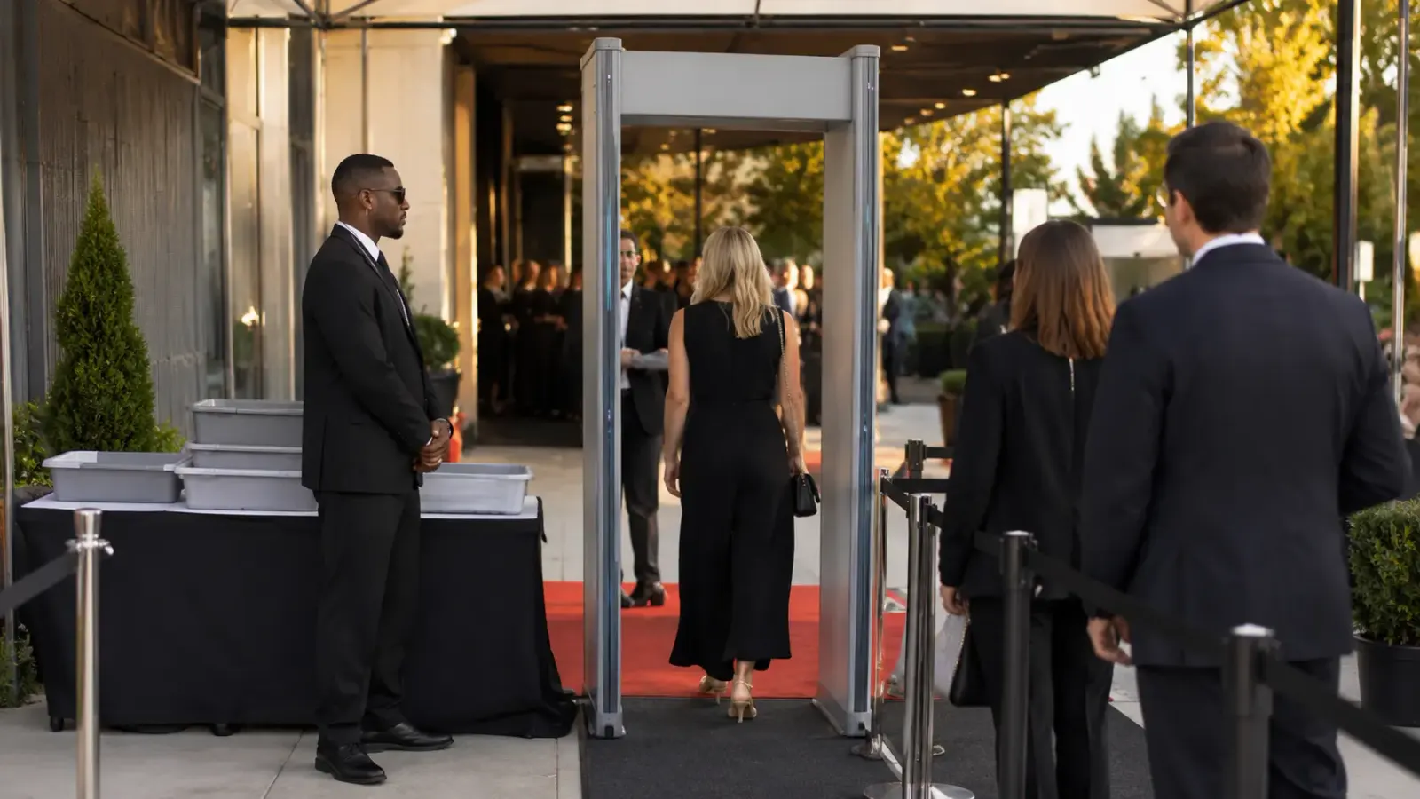Event entrance with a walk-through metal detector screening lane for arriving guests