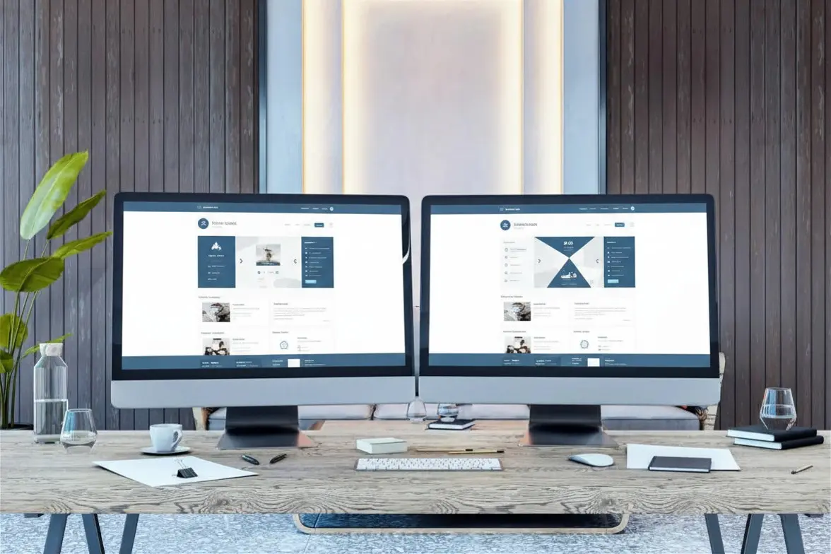 Desktop computer rental workstations with monitors in a professional office
