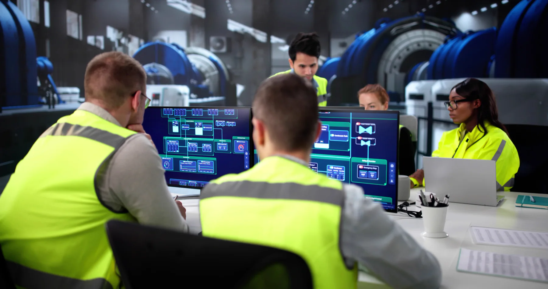 Energy operations center with staff monitoring multiple screens and coordinating field activity