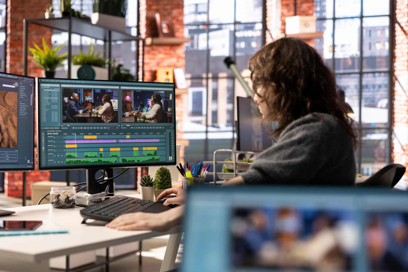 Temporary post-production edit suite with dual monitors, editing workstation, and client review display in a creative workspace