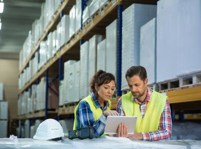 Two employees in a warehouse reviewing information displayed on a tablet