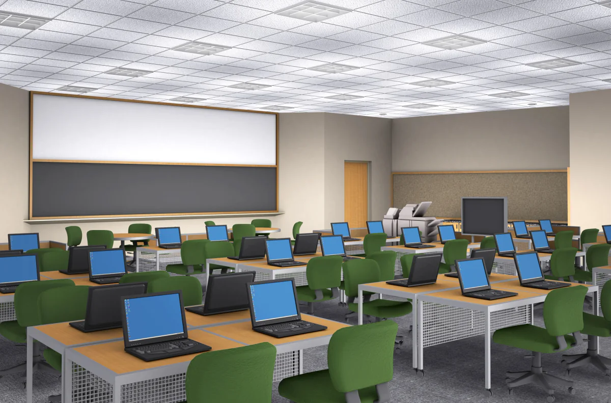 Temporary workspace filled with rented laptops for short term staff expansion and large project support