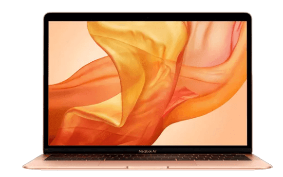 A MacBook Air powered on with the home screen displayed