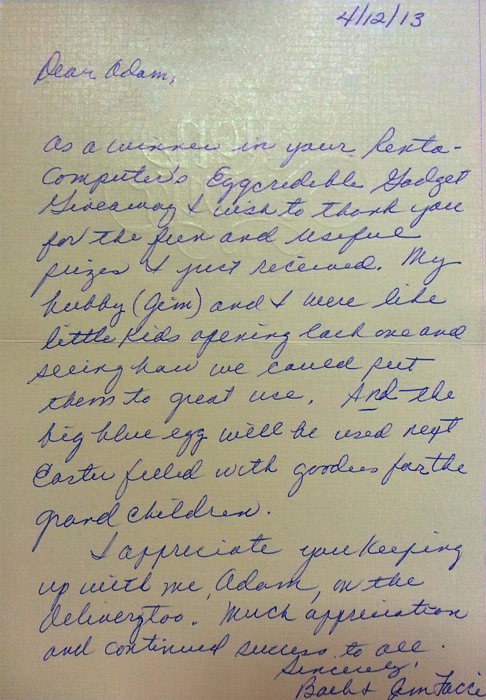 Barb Facci Sweepstakes Thank You Letter