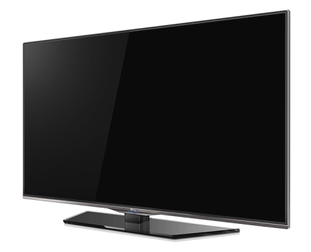 A large screen, high definition television on a table stand