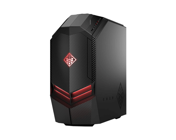 A gaming desktop PC with red accent lighting