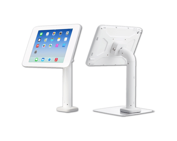 An iPad in a table stand kiosk