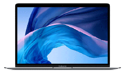 A MacBook Air with the screen open to display the background