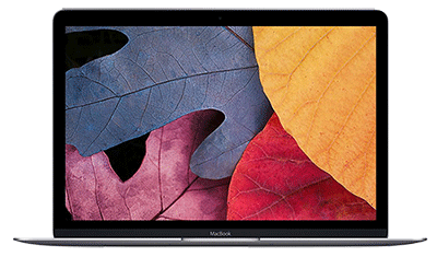 An Apple MacBook with the screen open to display the colorful background