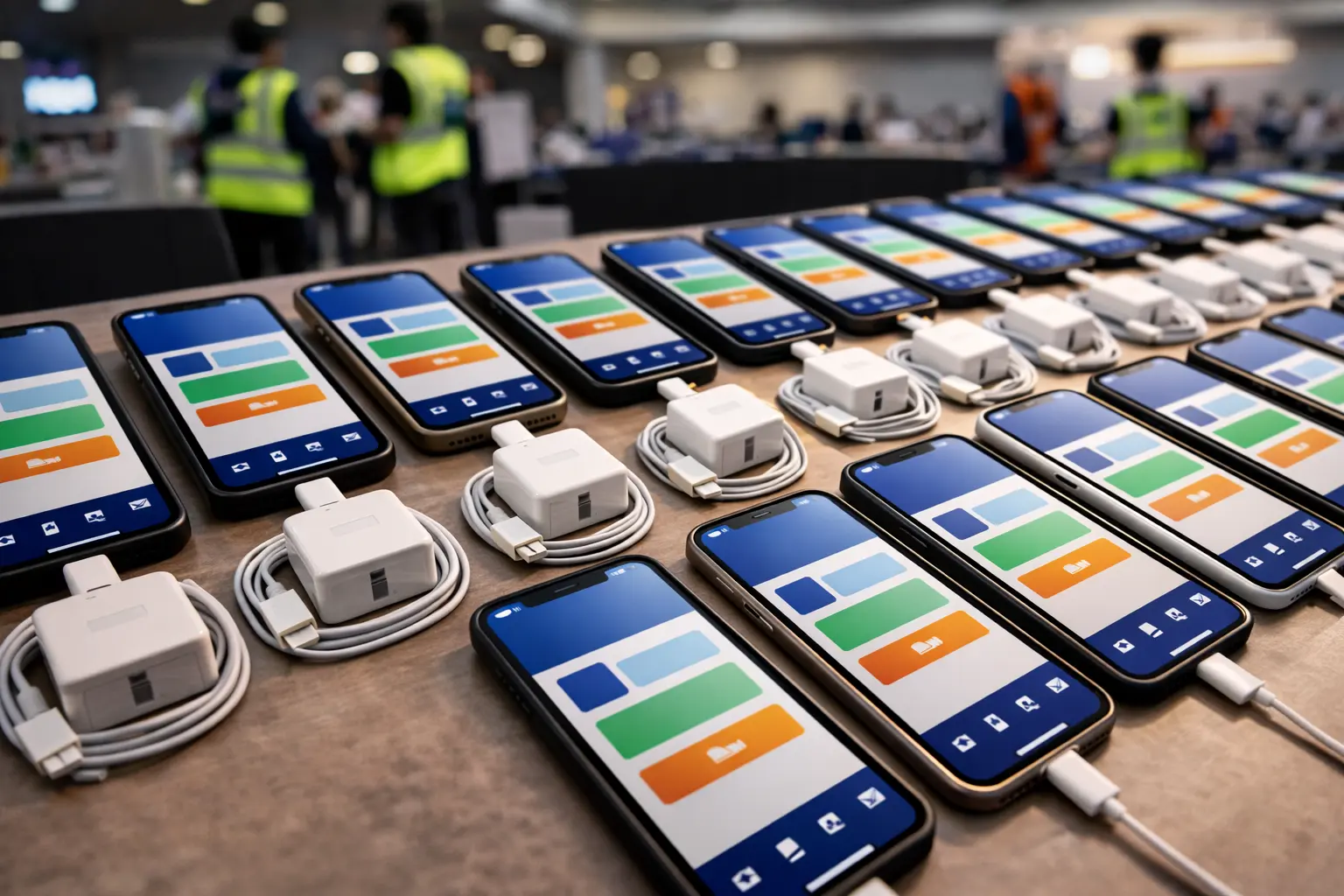 Standardized rental iPhones prepared for event staff communication and temporary venue operations