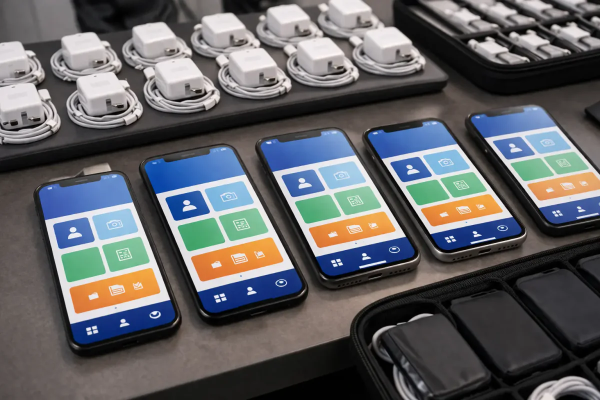Rental iPhones configured for scanning check in and event workflow specific app usage