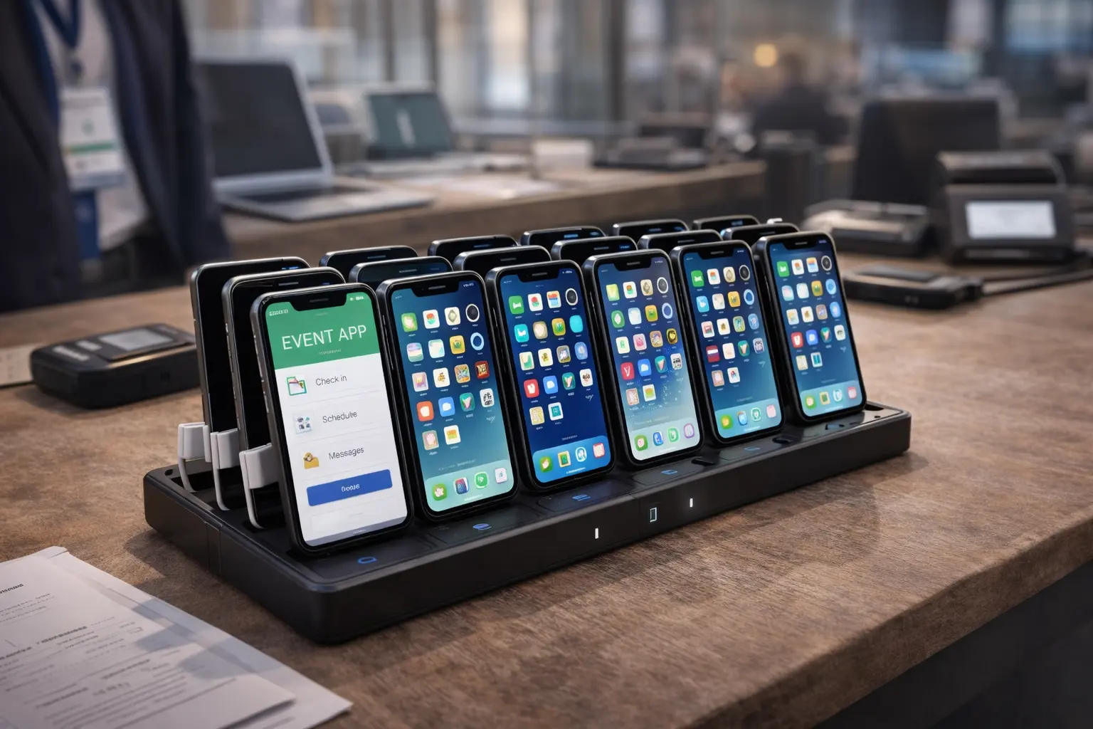 Several rental iPhones arranged on a table with an event app open for staff communication and temporary deployment