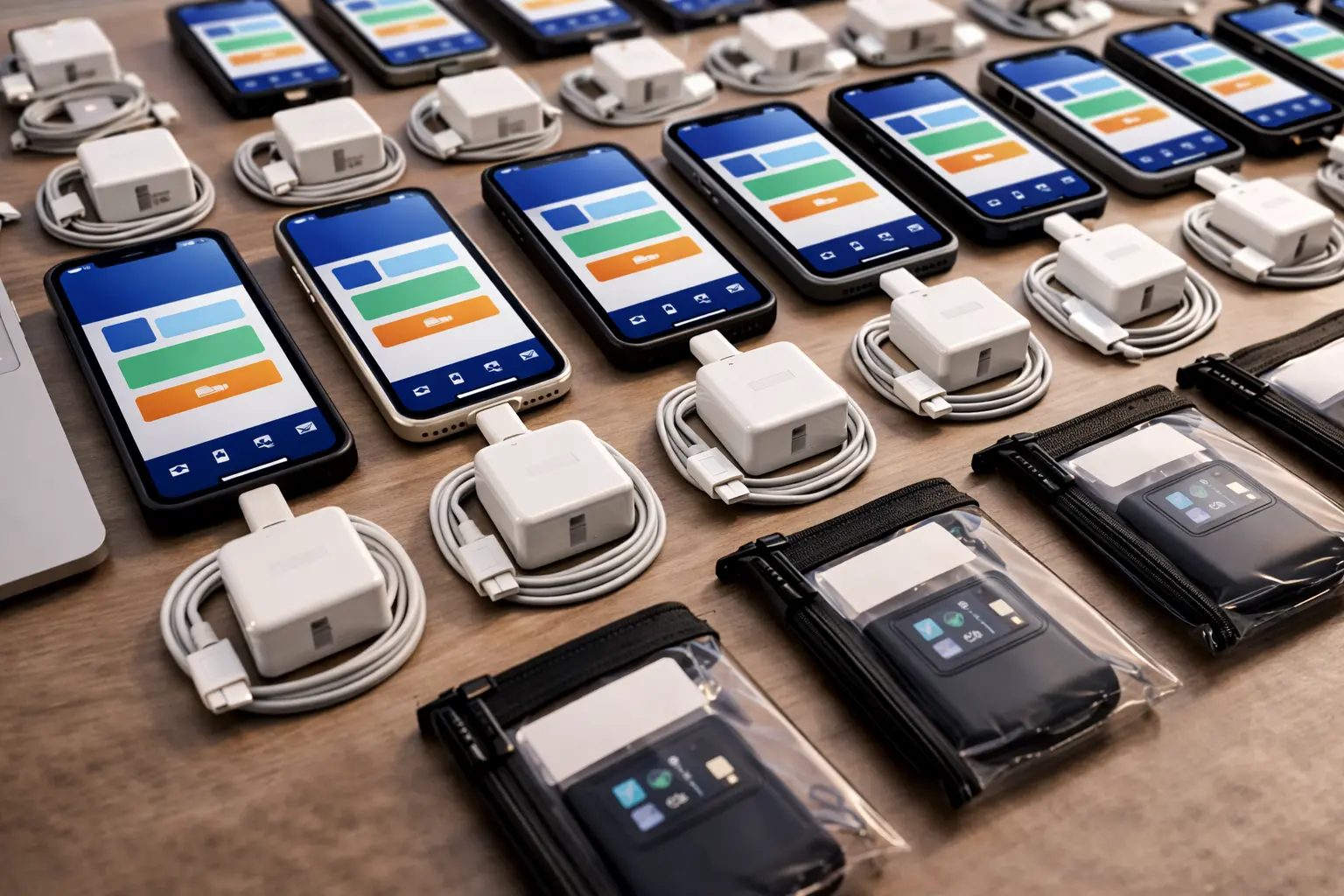 Labeled rental iPhone kits with chargers and accessories organized in rows for large event staff deployment