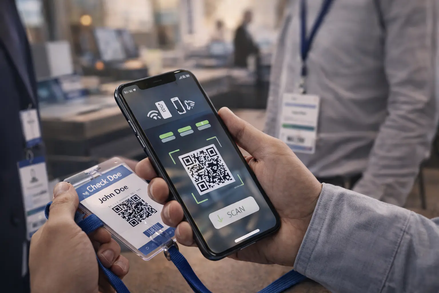 Rental iPhone being used to scan an attendee badge for event check in and mobile ticketing workflow