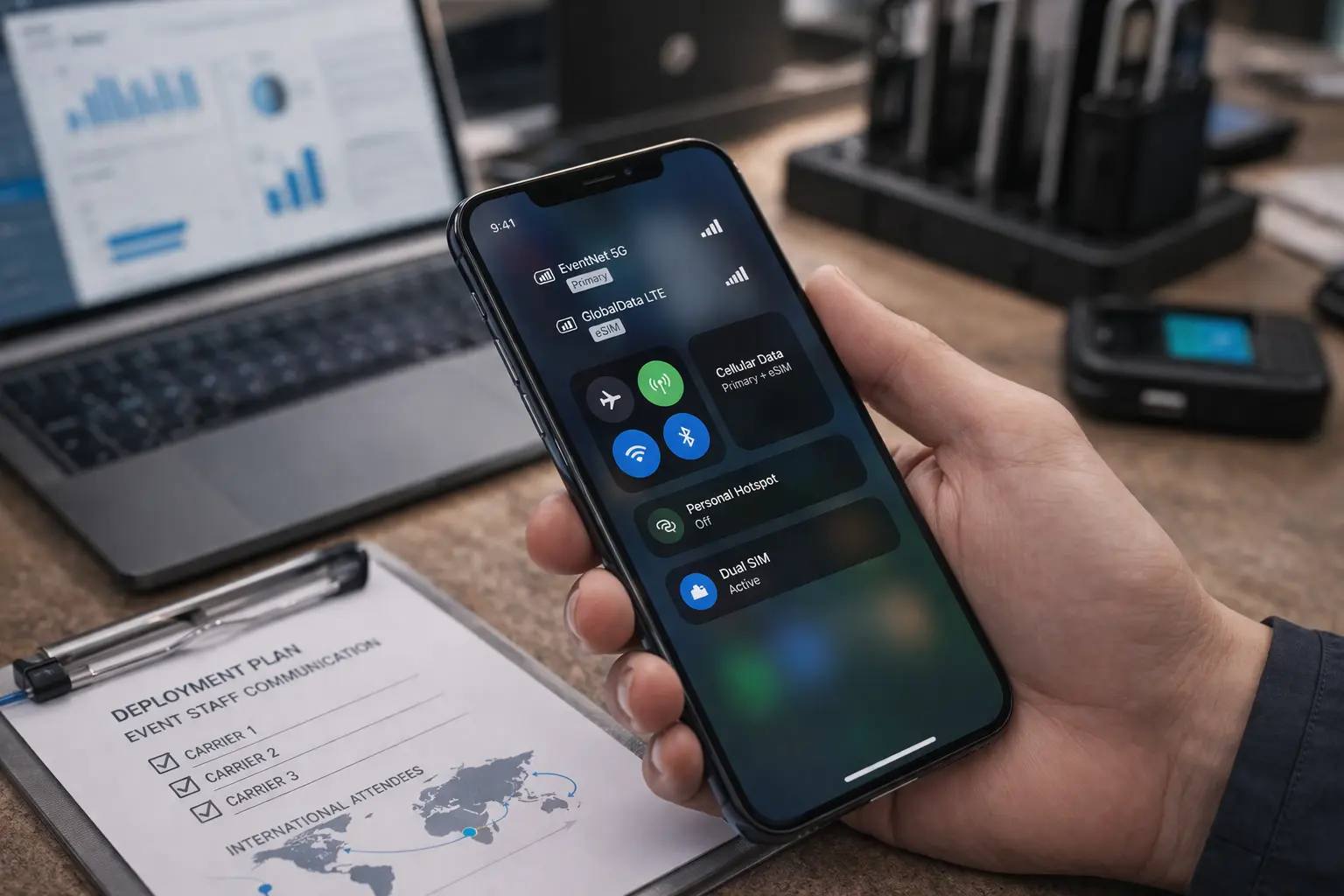 Rental iPhone with visible cellular signal and connectivity indicators for eSIM and multi carrier deployment planning