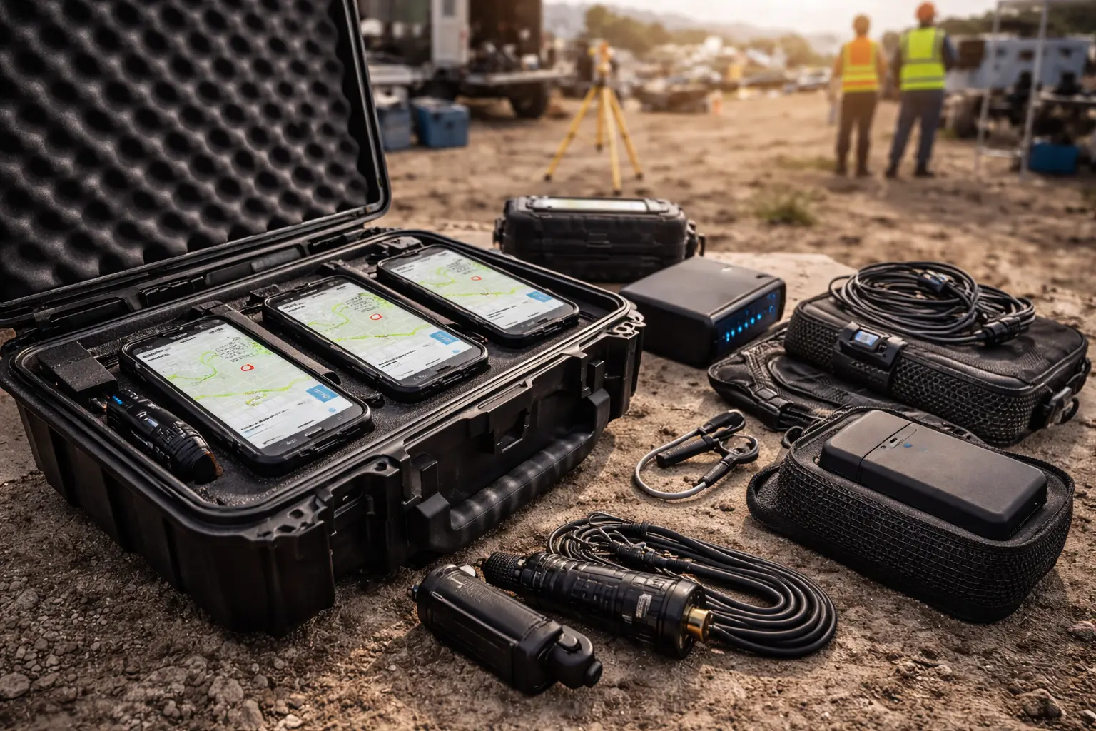 Rental iPhone in a rugged protective case being used outdoors at a field operation or event site