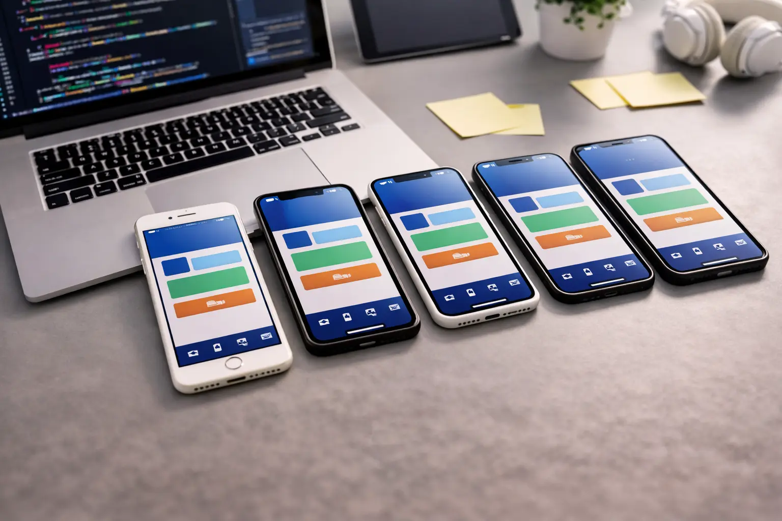 Multiple iPhone rental models laid out on a desk for mobile app testing QA and compatibility validation