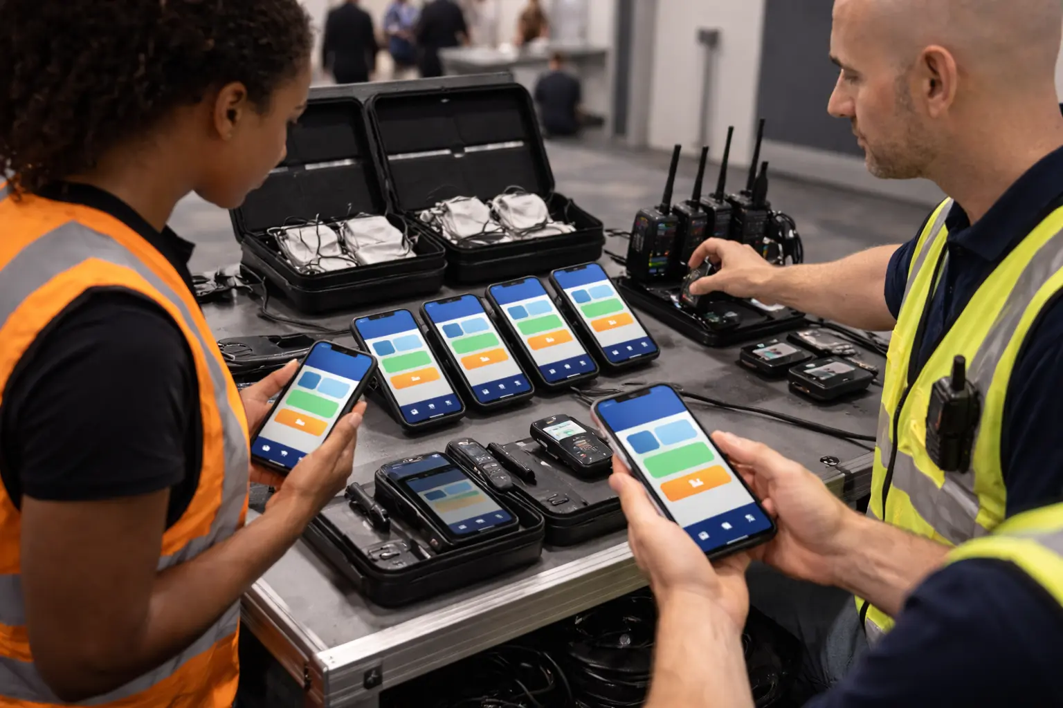 Event staff using rental iPhones while coordinating operations in a conference venue hallway