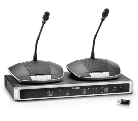 conference microphones connected to an event audio system