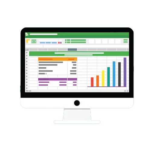 An iMac Pro displaying a spreadsheet with data and graphs on the screen