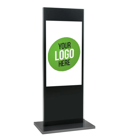 A portrait style digital sign with a logo indicating that it is able to be custom branded
