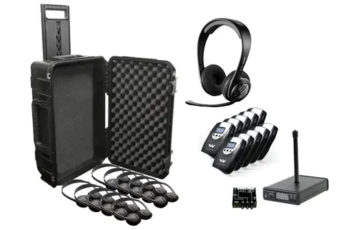 professional simultaneous interpretation equipment with wireless headsets and receivers for a multilingual conference