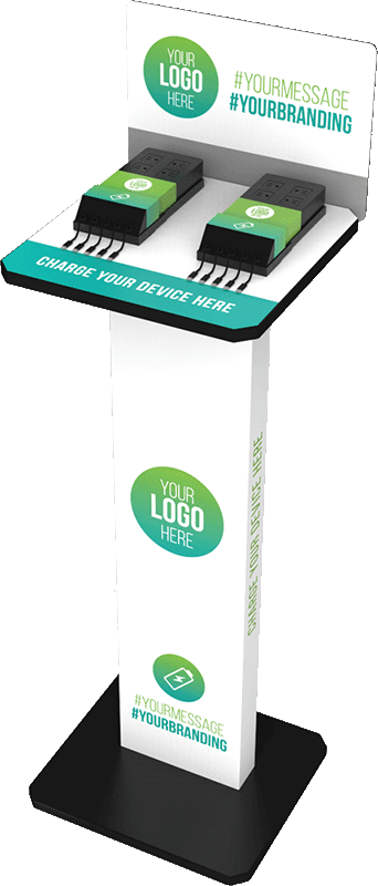 PowerMethod Charging Stand Rentals A PowerMethod Stand with a 10 charging cables and available wall ports. Additional branding indicating that the charging station can be customized.