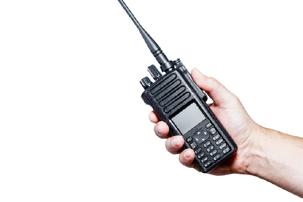 A hand holding a mobile two-way radio