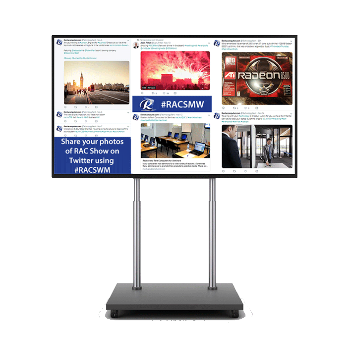 A large screen display on a dual post stand displaying the Rentacomputer.com Twitter feed